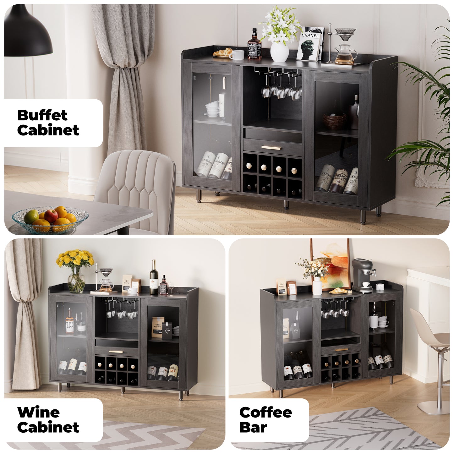 MARNUR Wine Bar Cabinet Buffet Sideboard Cabinet with Wine Rack, Power Outlets, LED Light, Black