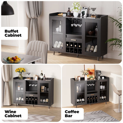 MARNUR Wine Bar Cabinet Buffet Sideboard Cabinet with Wine Rack, Power Outlets, LED Light, Black