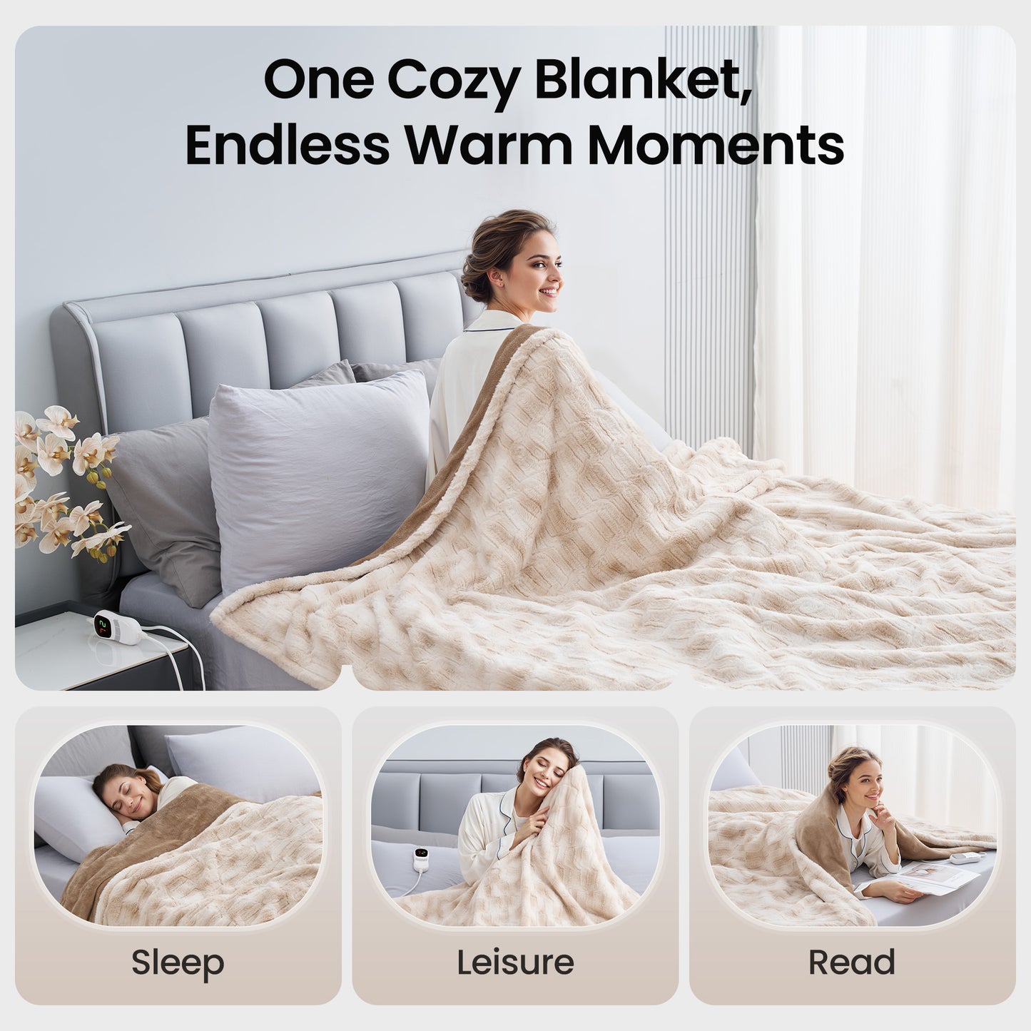 MARNUR Electric Heated Blanket Full Size, Faux Fur,10 Heating Levels, 10 Hours Timer, Machine Washable, 72"x84", Khaki