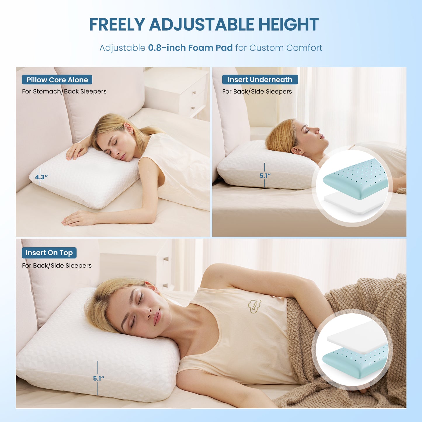 MARNUR Gel Memory Foam Pillow for Bed, Adjustable Height Bed Pillow with 0.8" Removable Insert, Cooling Pillow for Side, Back, Hot Sleepers, Queen Size 2 Pack