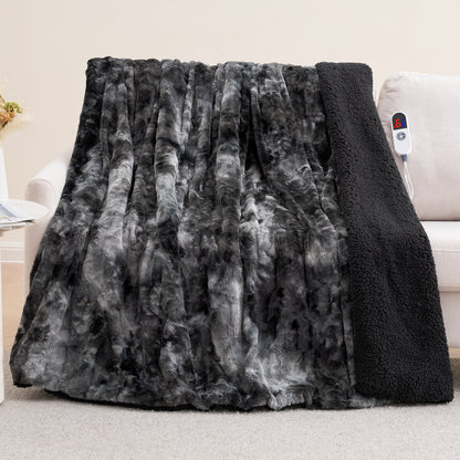 MARNUR Heated Blanket 72"x84" Faux Fur & Sherpa Electric Blanket with 6 Heat Levels, 10H Timer, LED Display, Machine Washable, Tie-Dye Black