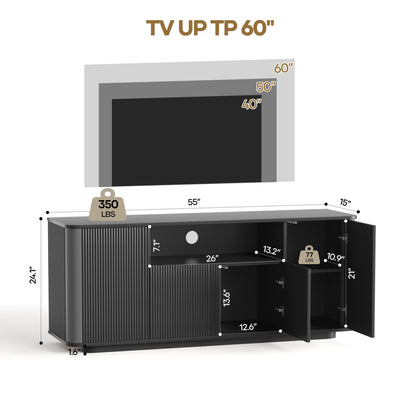 MARNUR Fluted TV Stand for TVs up to 65", 55" Modern Media Console with 3-Sided Fluted Design, Push-to-Open Doors for Living Room, Black
