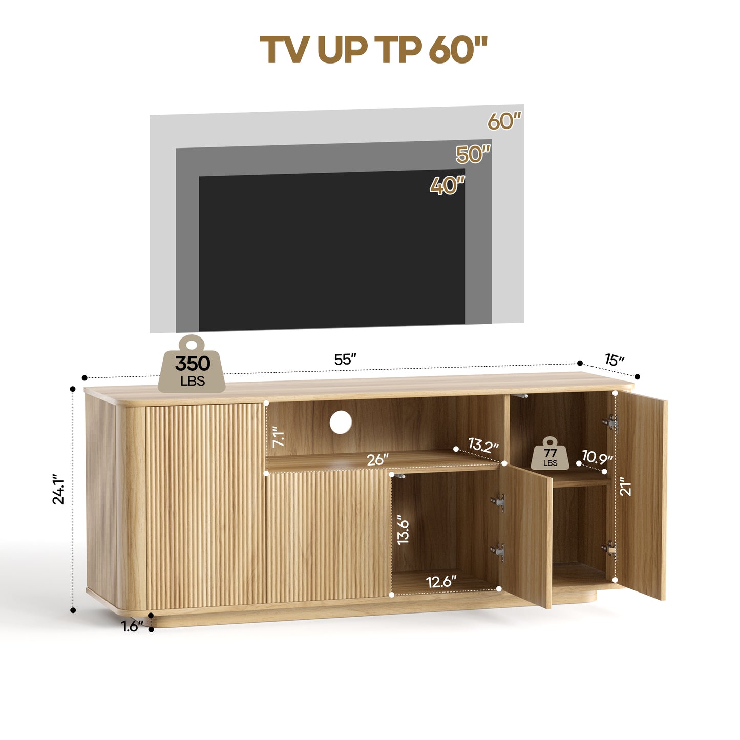 MARNUR Fluted TV Stand for TVs up to 65", 55" Modern Media Console with 3-Sided Fluted Design, Push-to-Open Doors for Living Room, Oak