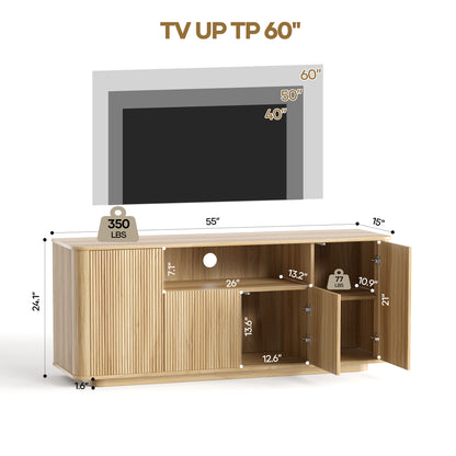MARNUR Fluted TV Stand for TVs up to 65", 55" Modern Media Console with 3-Sided Fluted Design, Push-to-Open Doors for Living Room, Oak