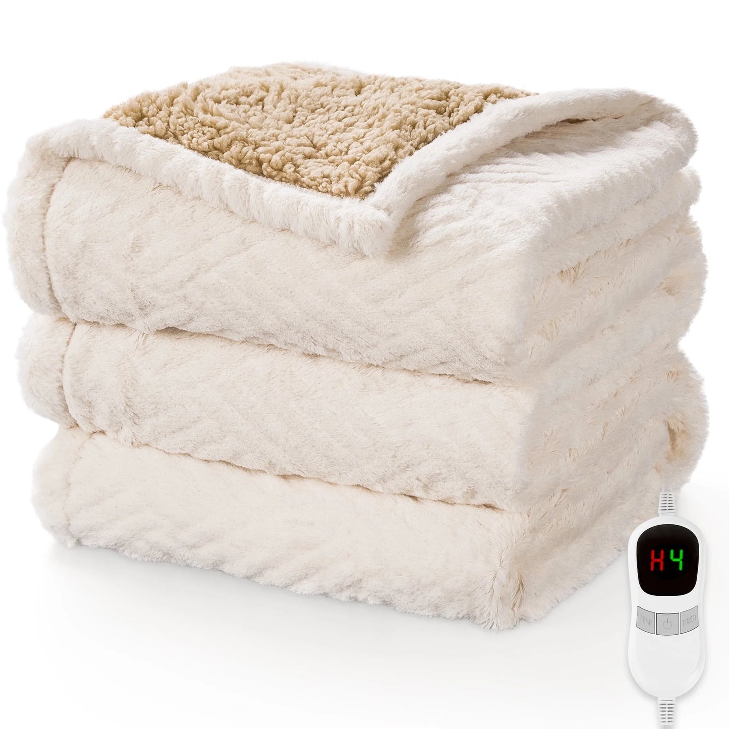MARNUR Heated Throw Blanket 50"x72" Jacquard Faux Fur & Sherpa Electric Throw Blanket with 10 Heat Levels, 4H Timer Machine Washable, White