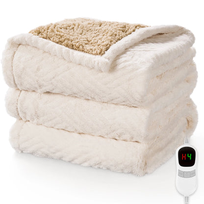 MARNUR Heated Throw Blanket 50"x72" Jacquard Faux Fur & Sherpa Electric Throw Blanket with 10 Heat Levels, 4H Timer Machine Washable, White