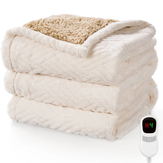 MARNUR Heated Throw Blanket 50"x72" Jacquard Faux Fur & Sherpa Electric Throw Blanket with 10 Heat Levels, 4H Timer Machine Washable, White