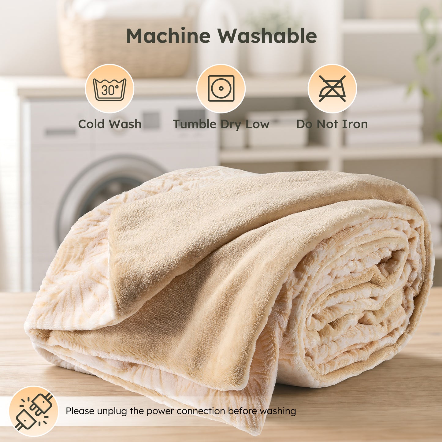 MARUNR Flannel Heated Blanket Electric Throw 50"×60", Irregular Leaf Pattern Heated Throw, 6 Heating Levels and 4H Timer, Machine Washable for Sofa, Office, Home Use, Beige