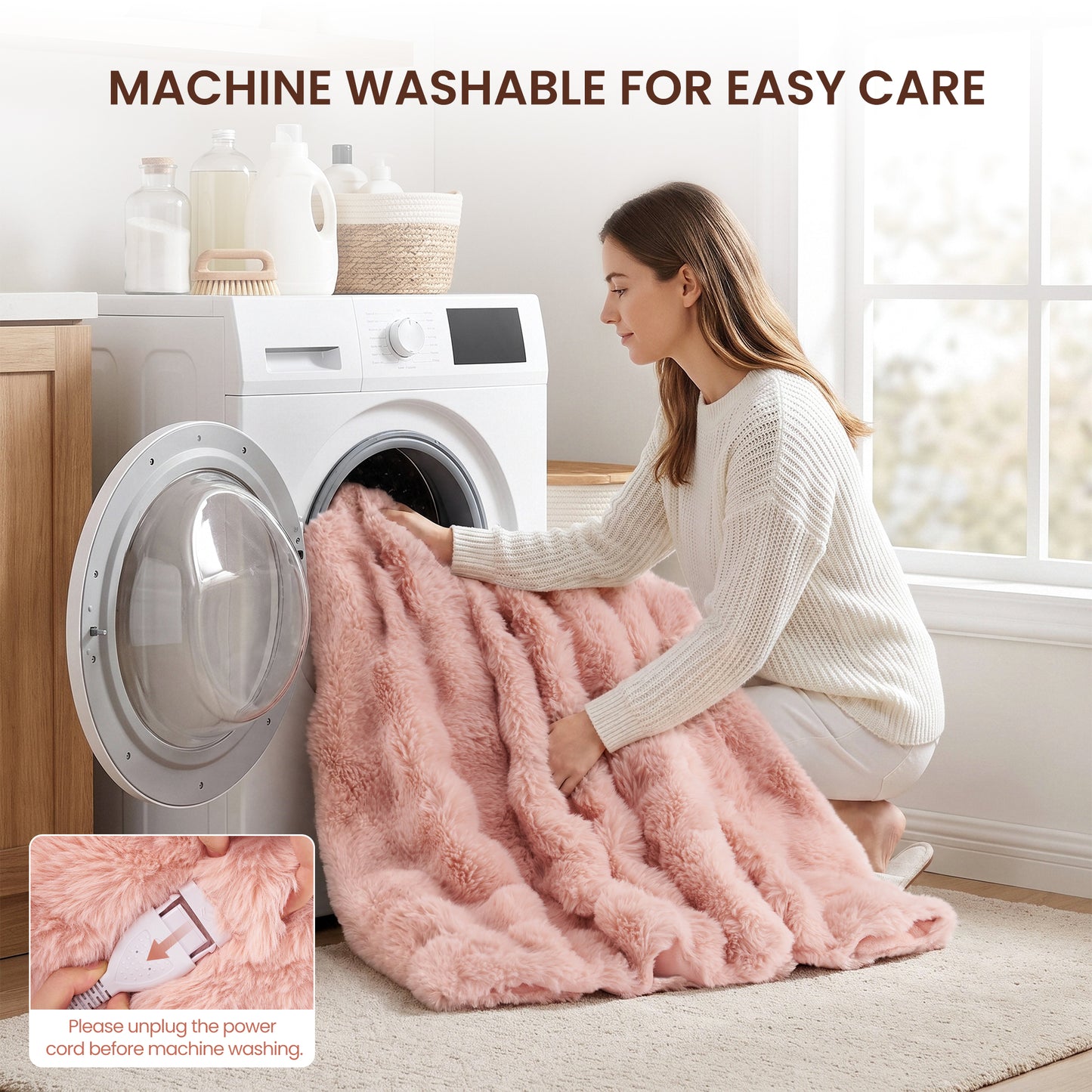 MARNUR Electric Throw Blanket 50"x60", Faux Fur Heated Throw, 6 Heating Levels, 4 Hours Timer - Pink