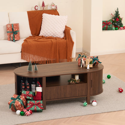 MARNUR Fluted Coffee Table with Storage, Mid Century Modern Center with Sliding Tambour Door for Living Room, Walnut