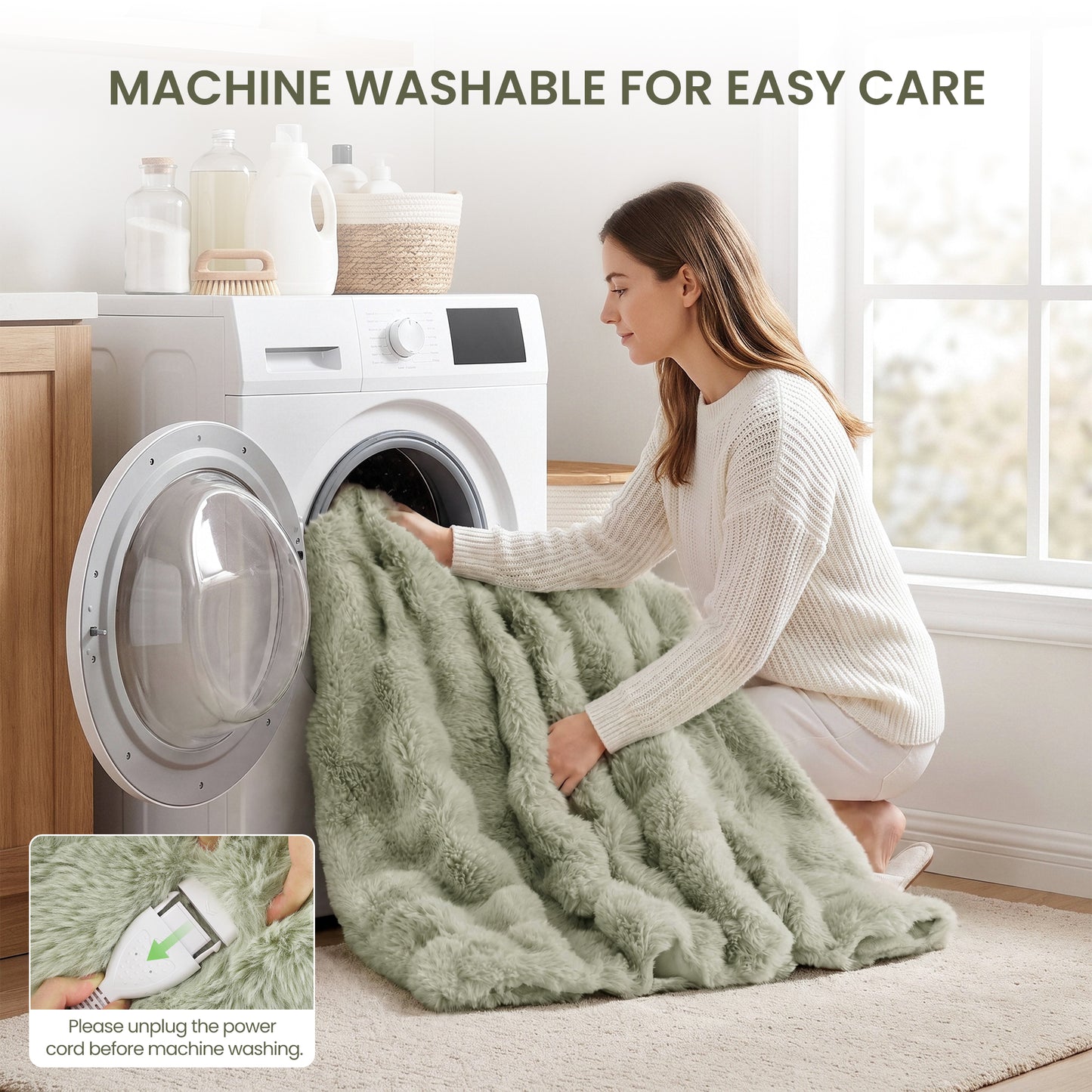 MARNUR Electric Throw Blanket 50"x60", Faux Fur Heated Throw, 6 Heating Levels, 4 Hours Timer - Green
