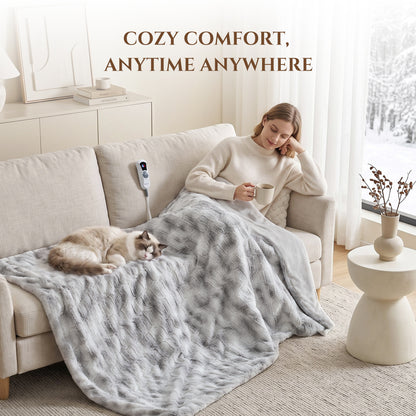 MARNUR Heated Blanket Electric Throw Extra Large Size 50"x72", Soft Faux Fur Heated Throw with 6 Heating Levels 4 Hours Timer Machine Washable, Gray