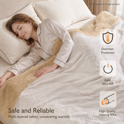 MARNUR Heated Blanket Full Size Electric Blanket, White Jacquard Faux Fur and Sherpa, 10H Timer & 10 Heat Levels, Machine Washable, for home, Bed, Sofa, 72"x 84"