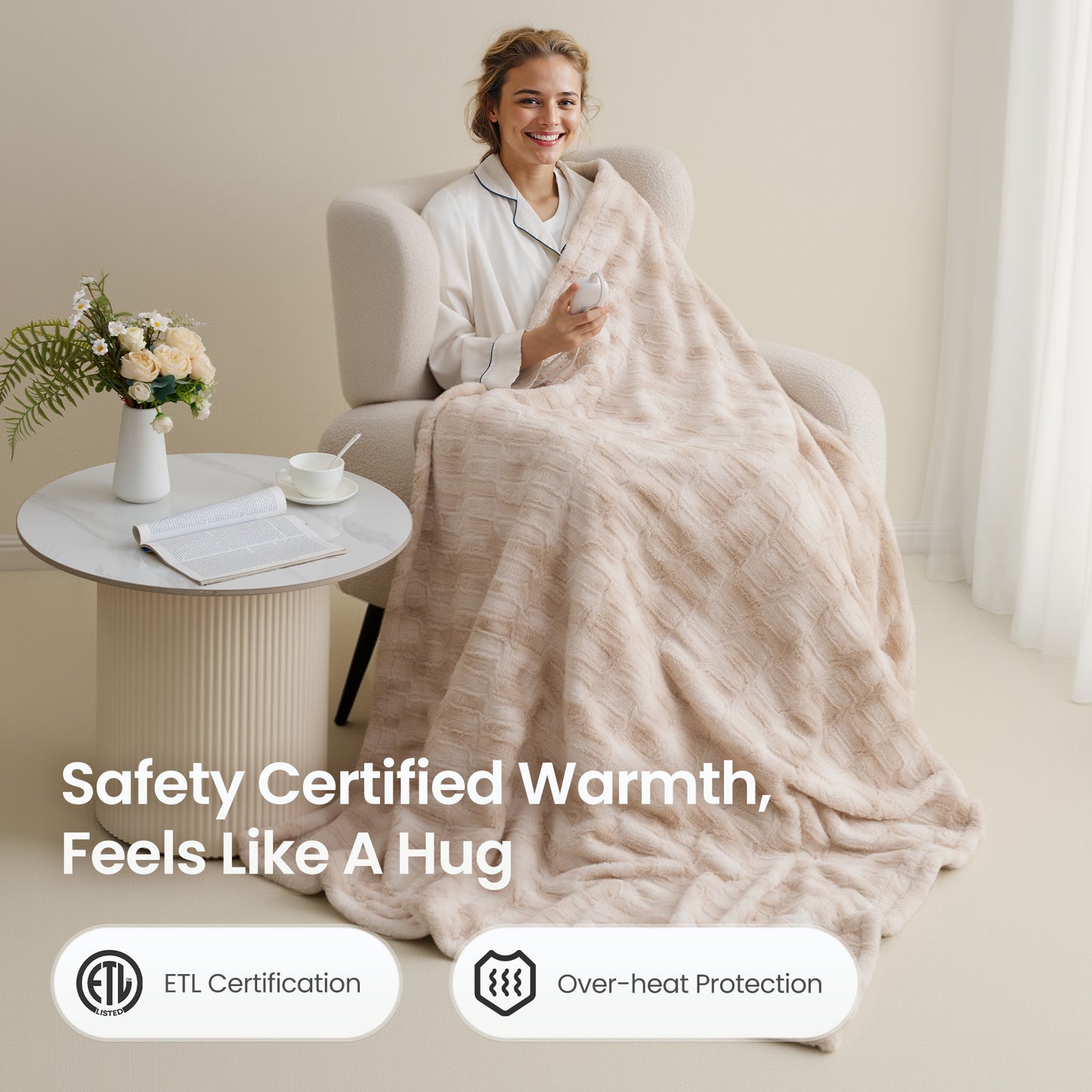 MARNUR Electric Throw Blanket Extra Large Size 50"x72", Soft Faux Fur, 10 Heating Levels, 4 Hours Timer Machine Washable, Khaki