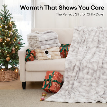 MARNUR Electric Blanket Faux Fur Queen Size 84"x90", Fast Heating with Dual Controllers,10 Heating Levels, 10 Hours Timer, Gray
