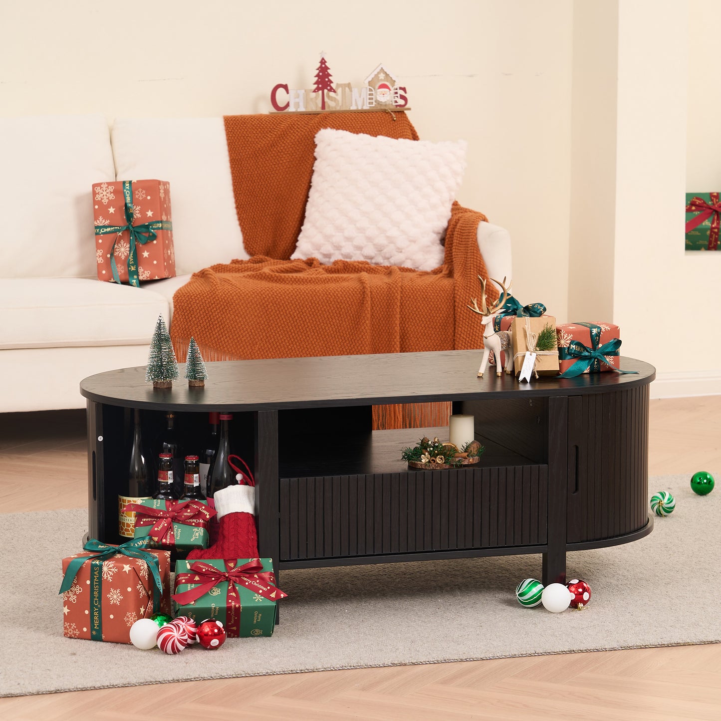 MARNUR Fluted Coffee Table with Storage, Mid Century Modern Center with Sliding Tambour Door for Living Room, Black