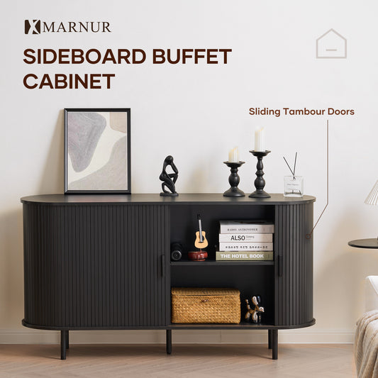MARNUR TV Stand for TVs up to 60" with 2 Sliding Tambour Doors, Storage and Shelves, Black