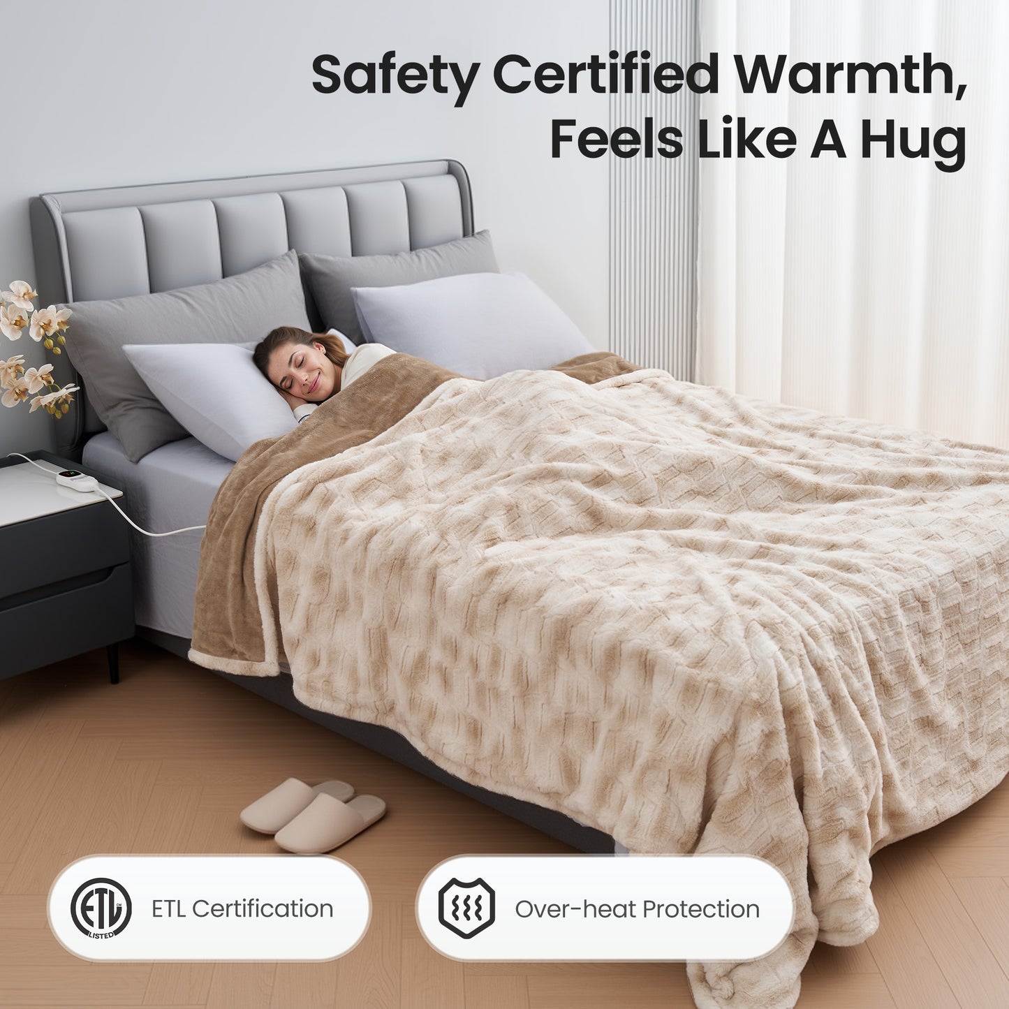 MARNUR Electric Heated Blanket Full Size, Faux Fur,10 Heating Levels, 10 Hours Timer, Machine Washable, 72"x84", Khaki