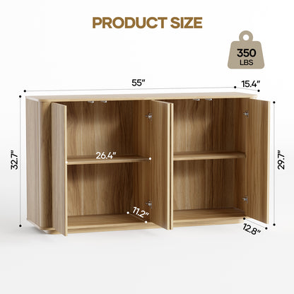 MARNUR Sideboard Buffet Cabinet, Storage Cabinet 55"W with Adjustable Shelves, Anti-Tip, Easy Clean Top, Stylish Wave Style, Oak