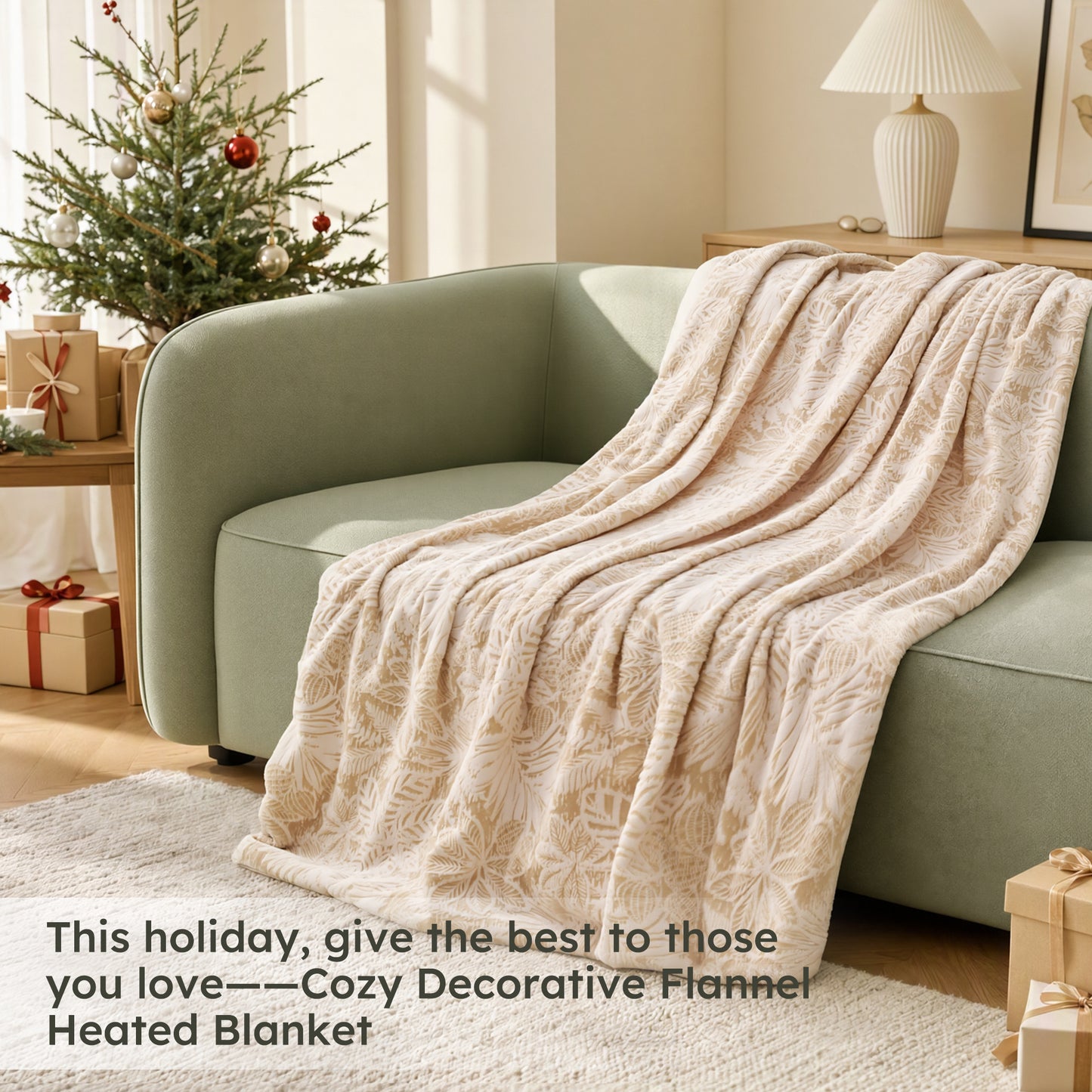 MARUNR Flannel Heated Blanket Electric Throw 50"×60", Irregular Leaf Pattern Heated Throw, 6 Heating Levels and 4H Timer, Machine Washable for Sofa, Office, Home Use, Beige