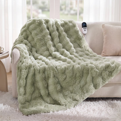 MARNUR Electric Throw Blanket 50"x60", Faux Fur Heated Throw, 6 Heating Levels, 4 Hours Timer - Green