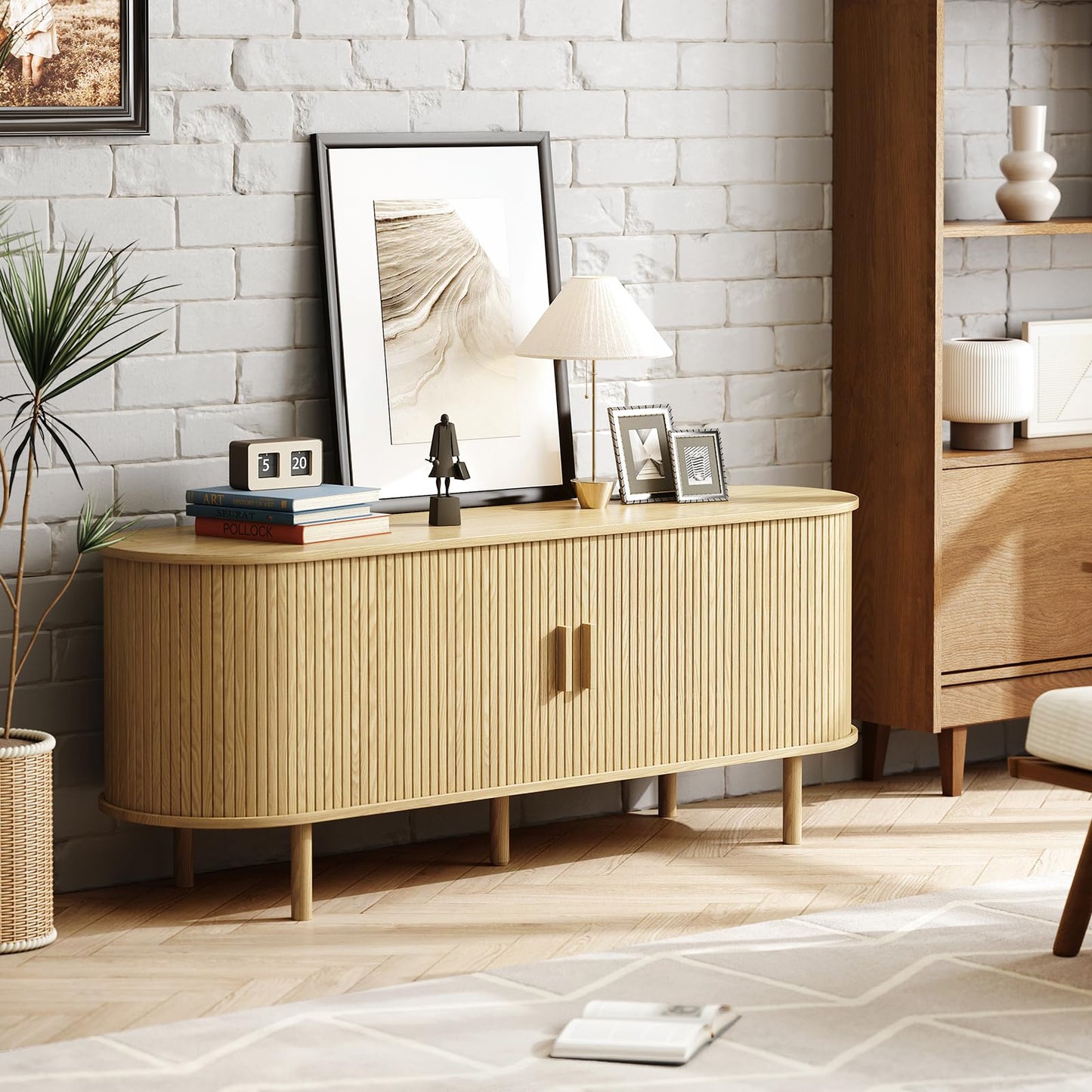 MARNUR 55" TV Stand for 60" TV, Wood Entertainment Center with Storage and Shelves, 2 Sliding Tambour Doors, Mid-Century Modern, Oak