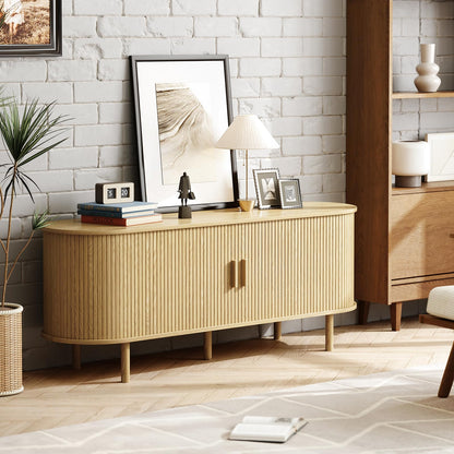 MARNUR 55" TV Stand for 60" TV, Wood Entertainment Center with Storage and Shelves, 2 Sliding Tambour Doors, Mid-Century Modern, Oak