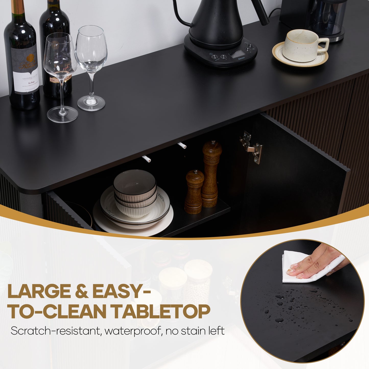 MARNUR Sideboard Buffet Cabinet, Storage Cabinet 55"W with Adjustable Shelves, Anti-Tip, Easy Clean Top, Stylish Wave Style, Black