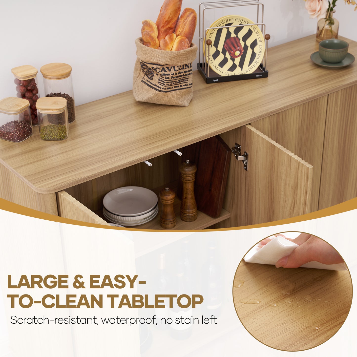 MARNUR Sideboard Buffet Cabinet, Storage Cabinet 55"W with Adjustable Shelves, Anti-Tip, Easy Clean Top, Stylish Wave Style, Oak