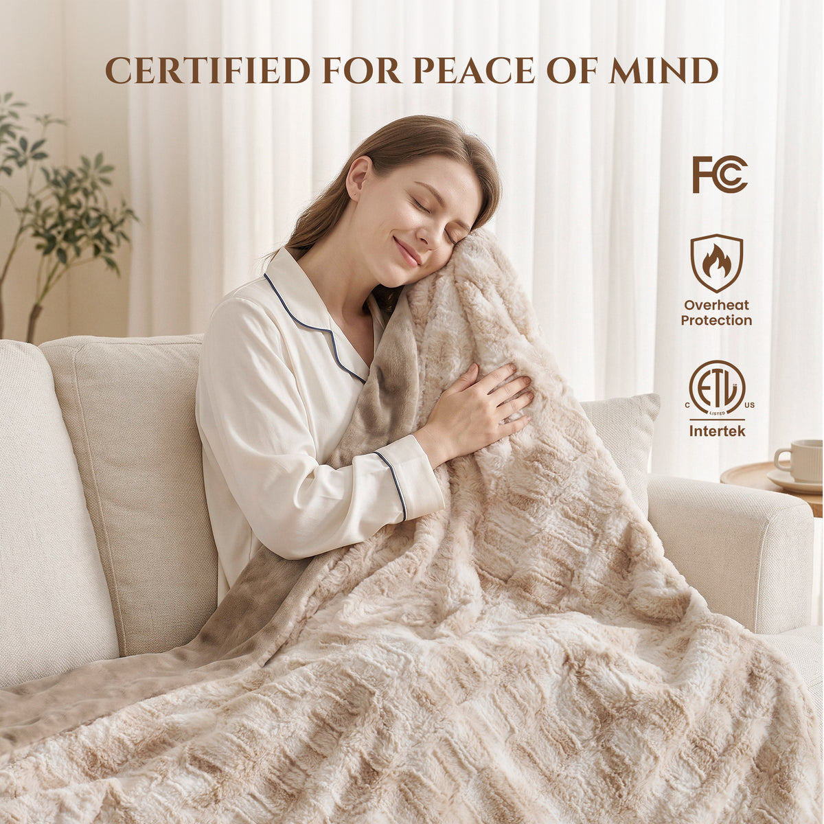 MARNUR Heated Blanket Electric Throw Extra Large Size 50"x72", Soft Faux Fur Heated Throw with 6 Heating Levels 4 Hours Timer Machine Washable, Khaki