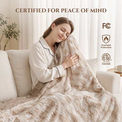MARNUR Heated Blanket Electric Throw Extra Large Size 50"x72", Soft Faux Fur Heated Throw with 6 Heating Levels 4 Hours Timer Machine Washable, Khaki