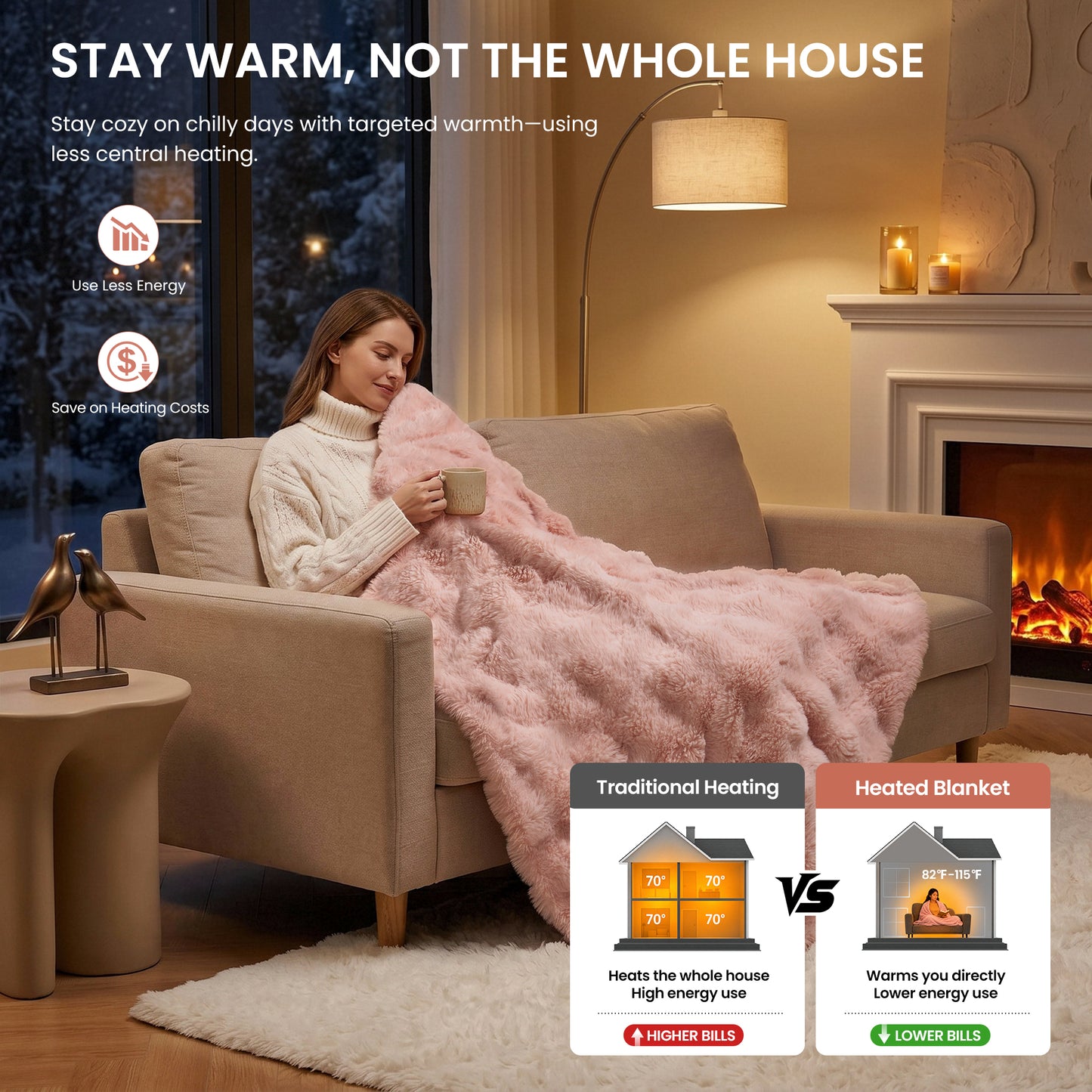 MARNUR Electric Throw Blanket 50"x60", Faux Fur Heated Throw, 6 Heating Levels, 4 Hours Timer - Pink