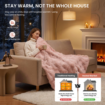 MARNUR Electric Throw Blanket 50"x60", Faux Fur Heated Throw, 6 Heating Levels, 4 Hours Timer - Pink