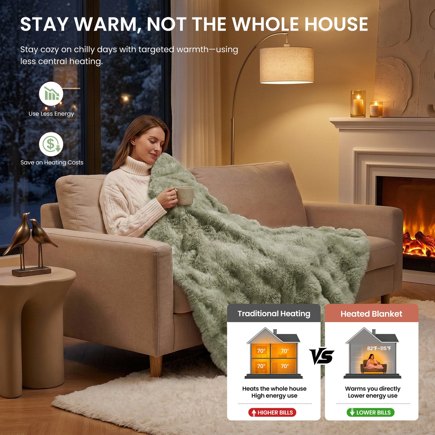 MARNUR Electric Throw Blanket 50"x60", Faux Fur Heated Throw, 6 Heating Levels, 4 Hours Timer - Green