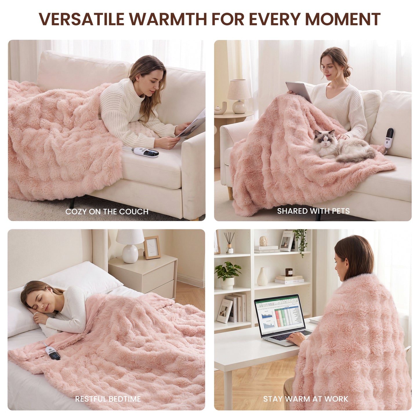 MARNUR Electric Throw Blanket 50"x60", Faux Fur Heated Throw, 6 Heating Levels, 4 Hours Timer - Pink