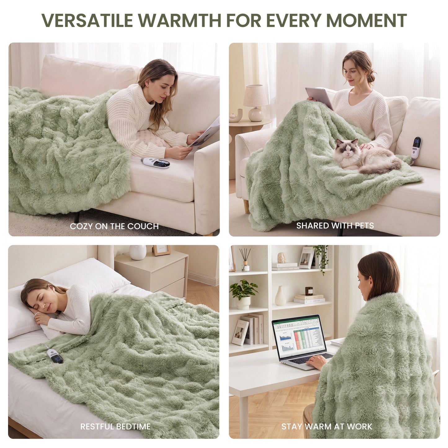 MARNUR Electric Throw Blanket 50"x60", Faux Fur Heated Throw, 6 Heating Levels, 4 Hours Timer - Green