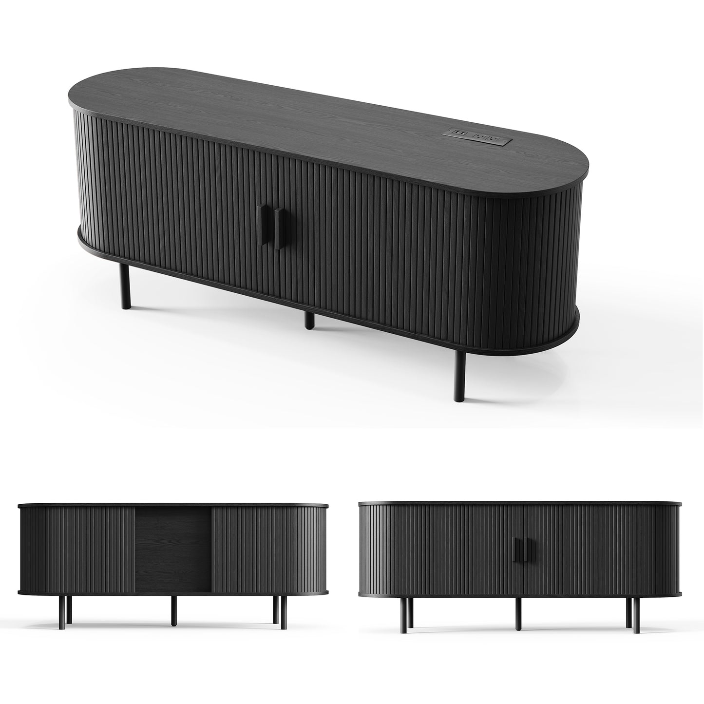 MARNUR 55" TV Stand for 60" TV, Wood Entertainment Center with Storage and Shelves, 2 Sliding Tambour Doors, Mid-Century Modern, Black