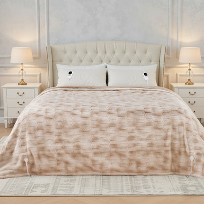 MARNUR Heated Blanket Queen,84"x90" Faux Fur Electric Blanket, Fast Heating with Dual Controllers,10 Heating Levels, 10 Hours Timer, Khaki