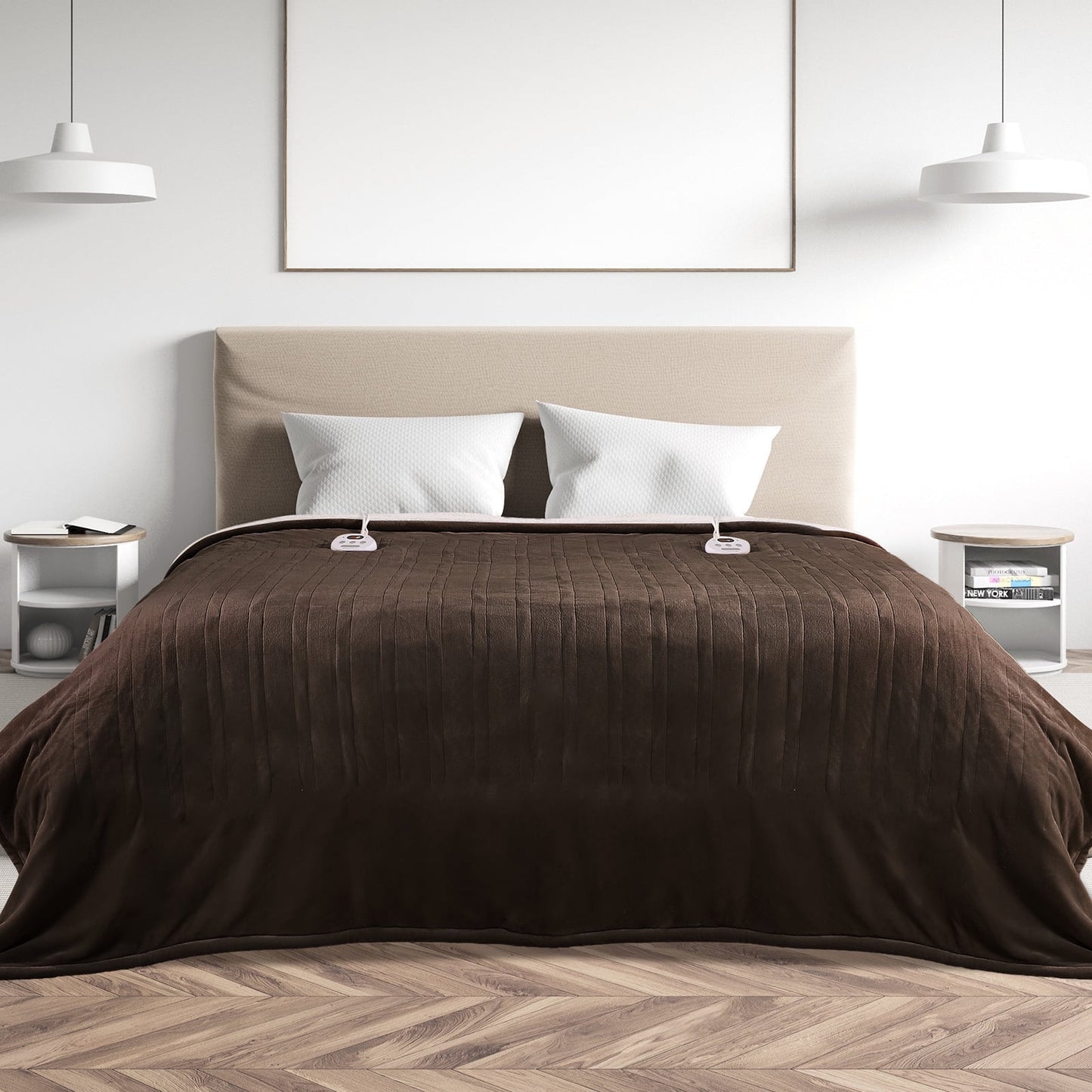 MARNUR Electric Heated Blanket Queen Size 84''x90'', Fast Heating with Dual Controllers, 10 Heating Levels, 10H Timers, Preheat Function Machine Washable - Brown