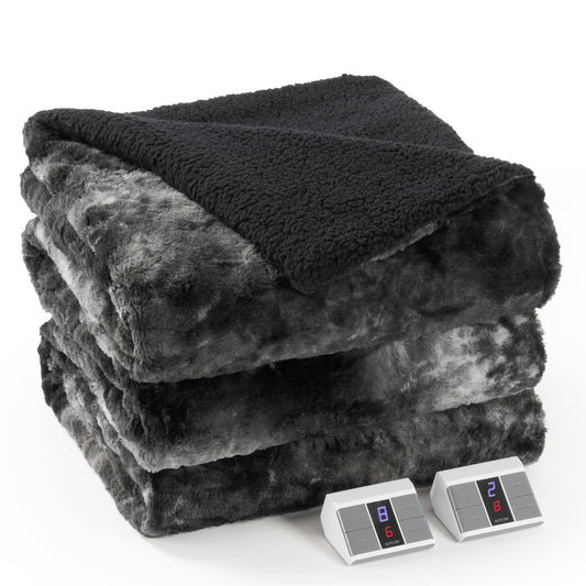 MARNUR Heated Blanket Queen Size, Faux Fur & Sherpa, Dual Controllers, 10 Heat Levels, 10H Timer, 84" x 90", Tie-Dye Black