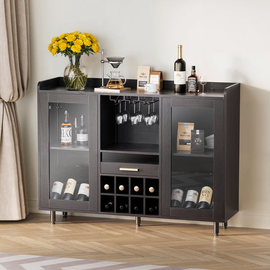 MARNUR Wine Bar Cabinet Buffet Sideboard Cabinet with Wine Rack, Power Outlets, LED Light, Black