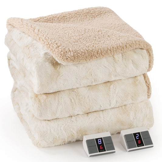 MARNUR Heated Blanket Queen Size, Faux Fur & Sherpa, Dual Controllers, 10 Heat Levels, 10H Timer, 84" x 90", Tie-Dye Off White