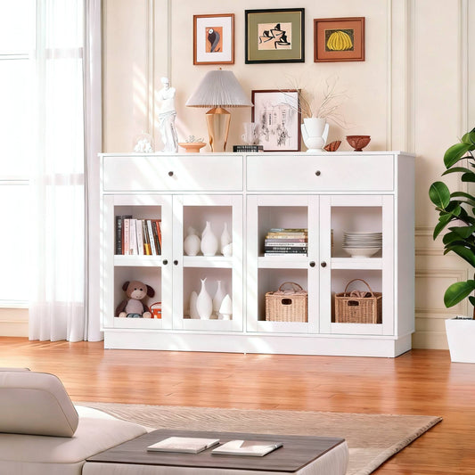 MARNUR Sideboard Buffet Cabinet with Storage, 53.3" Modern Sideboard Buffet with 4 Tempered Glass Doors & 2 Drawers, LED Light for Dining Room, Kitchen, Living Room, White