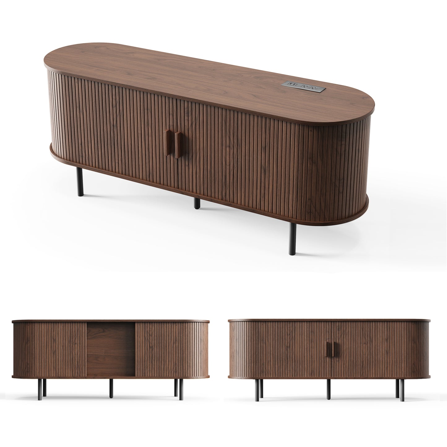 MARNUR 55" TV Stand for 60" TV, Wood Entertainment Center with Storage and Shelves, 2 Sliding Tambour Doors, Mid-Century Modern