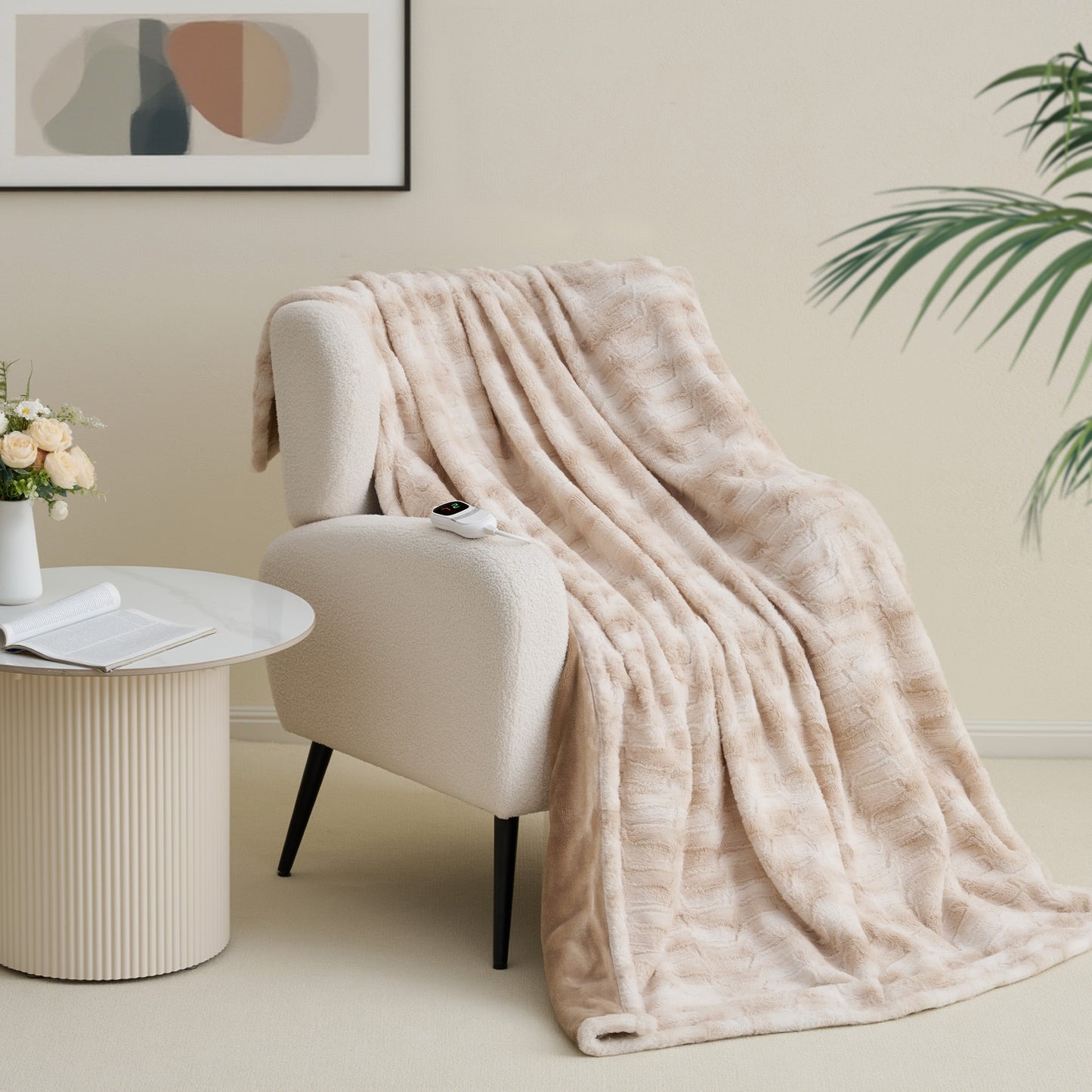 MARNUR Electric Throw Blanket Extra Large Size 50"x72", Soft Faux Fur, 10 Heating Levels, 4 Hours Timer Machine Washable, Khaki