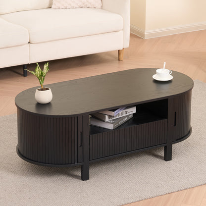 MARNUR Coffee Table with Storage and Tambour Sliding Door, Mid Century Modern Center Table with Drawer for Living Room, Black
