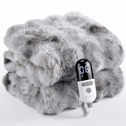 MARNUR Heated Bubble Fleece Electric Throw with 4H Timer 6 Heating Levels 50"×60", Long Faux Fur and Soft Flannel for Couch Bed, Machine Washable, Tie-Dye Gray