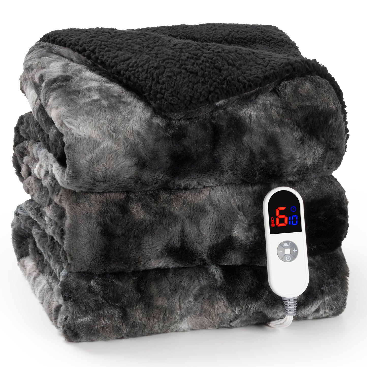 MARNUR Heated Blanket 72"x84" Faux Fur & Sherpa Electric Blanket with 6 Heat Levels, 10H Timer, LED Display, Machine Washable, Tie-Dye Black