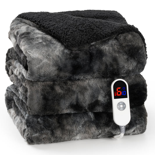 MARNUR Heated Blanket 72"x84" Faux Fur & Sherpa Electric Blanket with 6 Heat Levels, 10H Timer, LED Display, Machine Washable, Tie-Dye Black