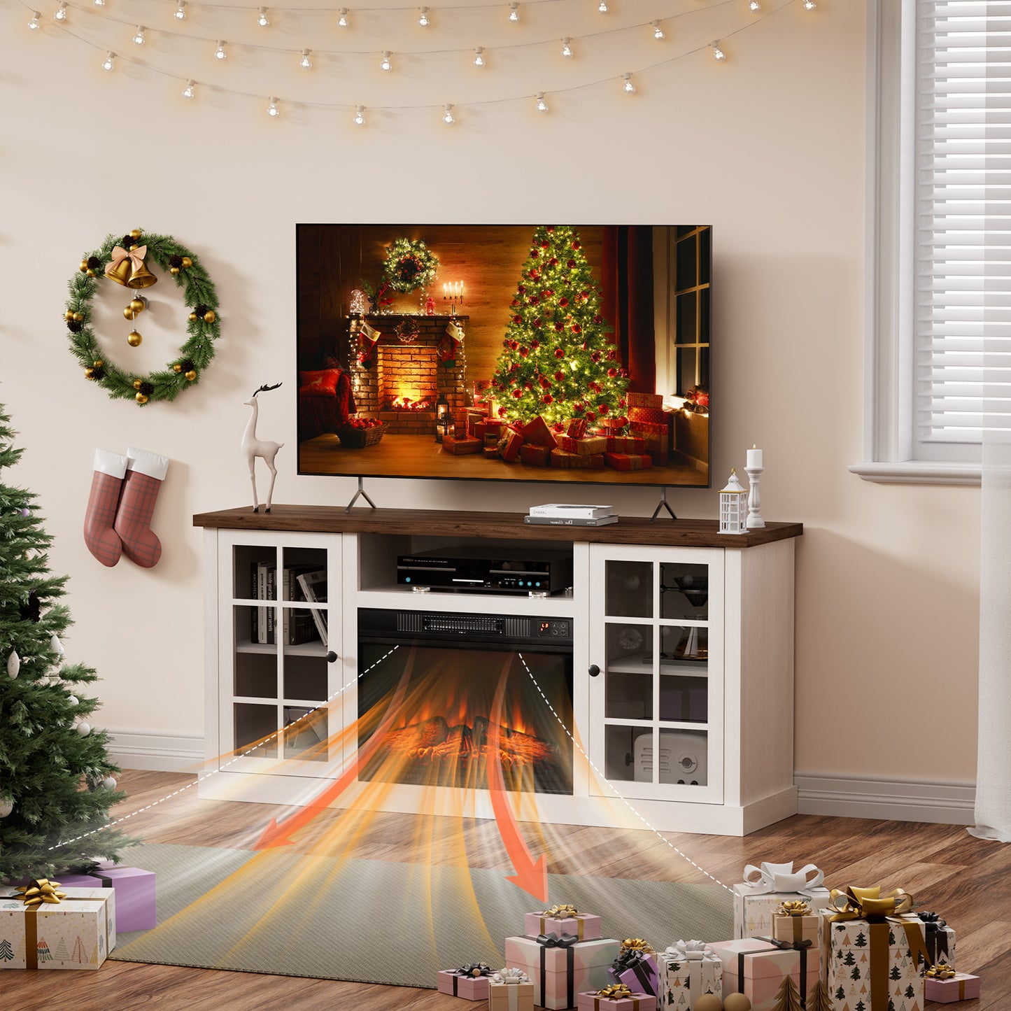 MARNUR Fireplace TV Stand for TVs up to 65", Media Entertainment Center Console Table with Glass Door, Farmhouse, White